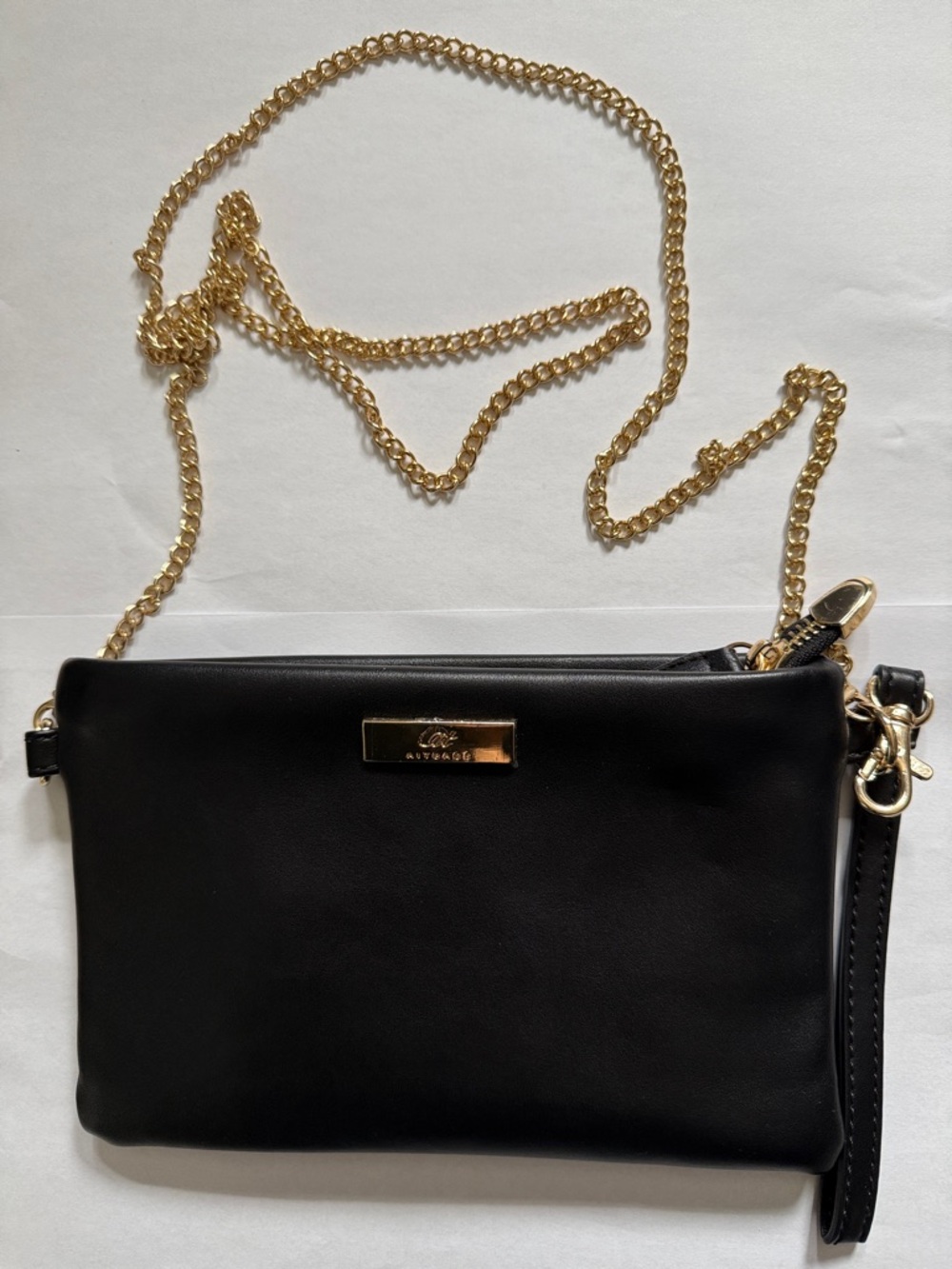 Black Clutch Wristlet with Gold Chain and Plaque